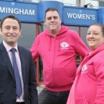 Steve Morgan from Midshire with Charlotte and Richard Sharratt from Libby Mae's Little Angels outside Birmingham Women's Hospital